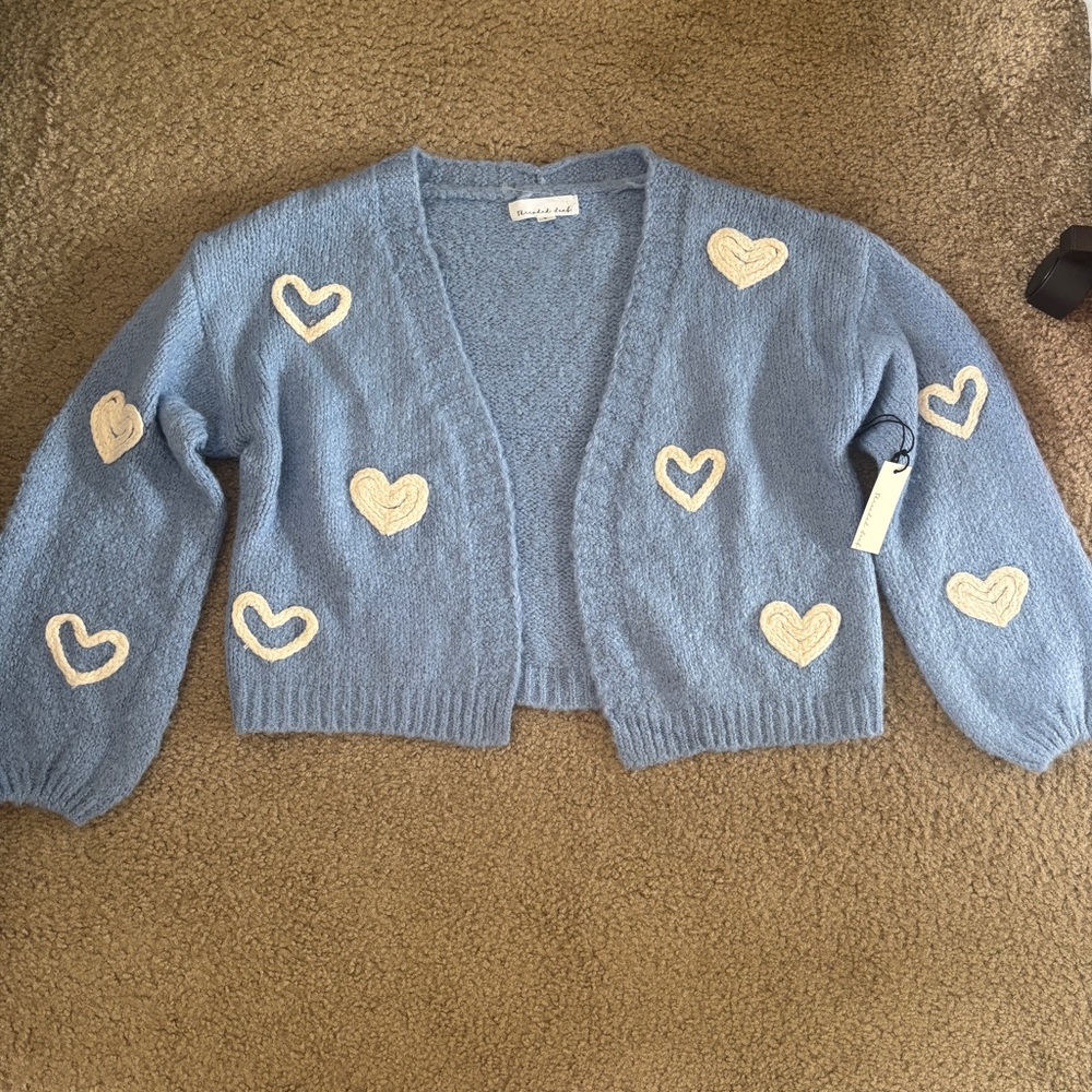 Threaded Leaf Blue Knit Cardigan with Heart Detail
